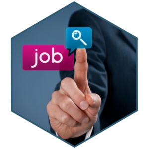 Man wearing a suit pointing at icons representing job search